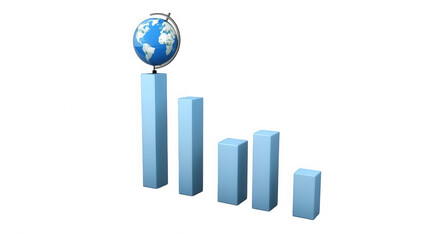 Globe atop a declining bar graph showing global economic downturn and recession on transparent background