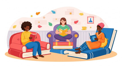 Diverse group of women reading books in cozy library setting, enjoying literature and relaxation in a peaceful and intellectual atmosphere.