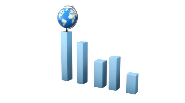 Globe atop a declining bar graph showing global economic downturn and recession on transparent background - Powered by Adobe