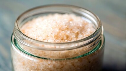 Wellness retreat therapy travel concept. A jar filled with coarse salt, showcasing its texture and natural color.