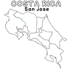 Outline of the costa rica Map with State Boundaries with name and capital city for Educational Purposes and Planning in transparent and vector	
