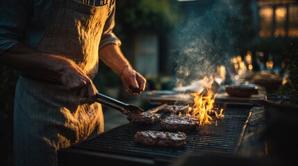 Fototapeta premium Male chef grilling steaks outdoors in vintage apron with flames at sunset