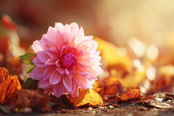 Close-up of pink dahlia surrounded by autumn leaves in soft sunlight