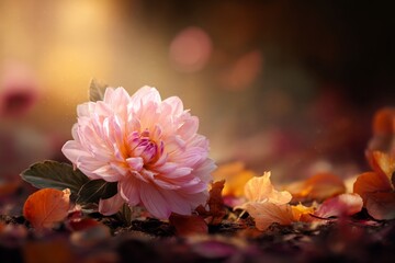 Pink dahlia in autumn leaves under soft sunlight