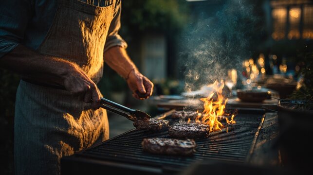 Male chef grilling steaks outdoors in vintage apron with flames at sunset
