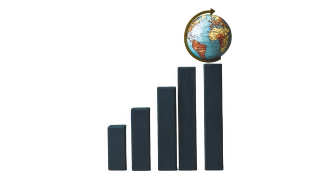 Globe sits atop a rising bar graph against a black backdrop symbolizing growth on transparent background