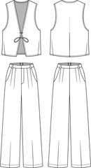 Flat sketch vector women’s vest with tie front and wide leg pants, fashion cad technical drawing apparel design template