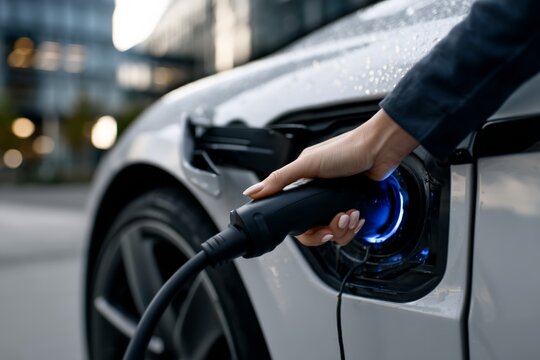 Close-up of electric car charging, female hand, sustainable transportation