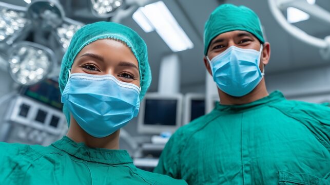 Asian female and hispanic male surgeons in operating room with surgical masks and scrubs