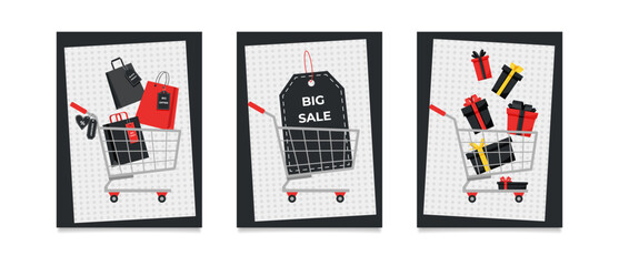 Set of Black Friday posters. Black Friday sale elements, gift boxes, shopping cart, bags and label. Vector illustration design templates.