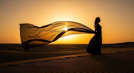 Silhouette of a woman holding flowing fabric in the desert at sunset.