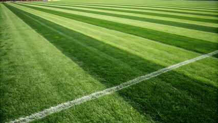 Obraz premium Freshly mowed green grass on a sports field with crisp white lines marking the boundaries.