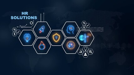 Animated hr solutions concept with world map and business interface elements, social network icons ,Beautiful motion waving dots map texture with glowing defocused particles 4k video. - Powered by Adobe