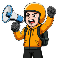 A delivery courier is doing a demonstration with a megaphone