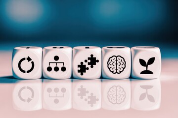 Conceptual image of a business development lifecycle with icons for process, organization, solutions, innovation, and growth