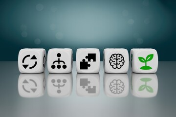 Conceptual dice illustrate the core components of modern business strategy process, structure, collaboration, mindset, and sustainable growth