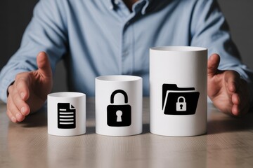 Conceptual image of a businessman managing data security levels, from protecting a single document to securing an entire folder, symbolizing cybersecurity and information confidentiality