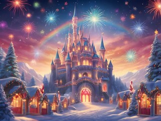 Obraz premium Fantasy christmas castle celebrating with fireworks and rainbow