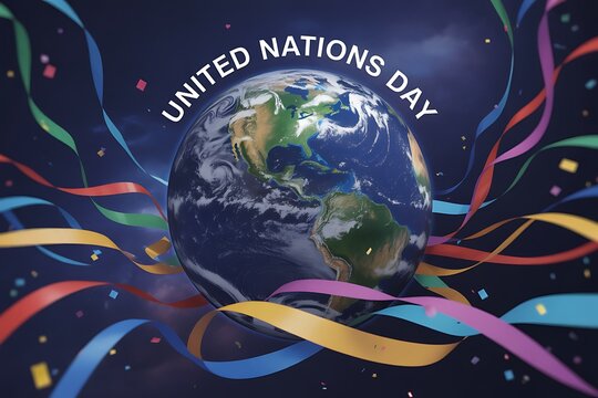 Celebrate United Nations Day with festive ribbons and a vibrant Earth globe, perfect for promoting global unity, international cooperation, and environmental awareness