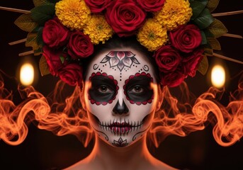 Woman with dia de los muertos skull makeup and floral headdress isolated on white background