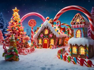Gingerbread village at night during christmas winter season