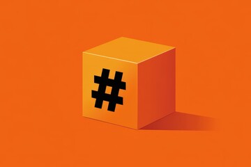 3D orange cube with a hashtag symbol representing social media trends, communication, and digital tagging on a solid background