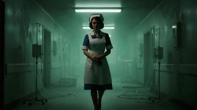 Dark eerie hospital corridor with vintage nurse in uniform, mysterious green lighting, abandoned medical setting, creepy horror atmosphere, old hospital, suspenseful scene