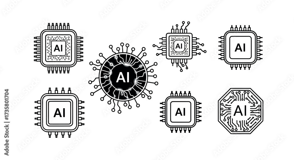 Wall mural set of ai chip icons simple line art vector design for technology and engineering projects isolated