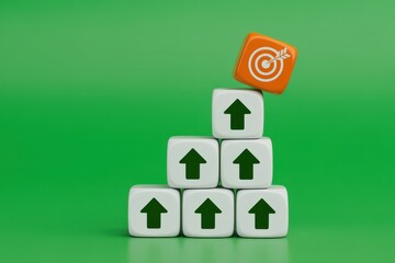 Conceptual image of building blocks with arrows forming a staircase to reach a target, symbolizing career progress, strategy, and business success
