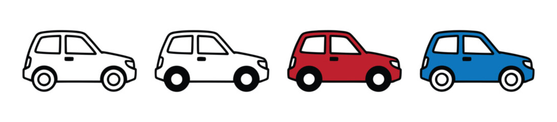Illustration of four compact cars in varying colors, showcasing a simple vehicle design suitable for urban commuting and efficient transportation