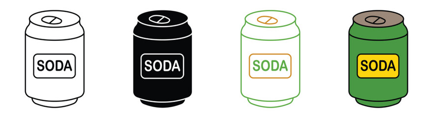 Soda can icon set on white background. Beverage, beer and brewing sign and symbol. Vector illustration .