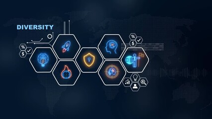 Global business diversity concept animated with modern digital graphics and icons, social network icons ,Beautiful motion waving dots map texture with glowing defocused particles 4k video. - Powered by Adobe
