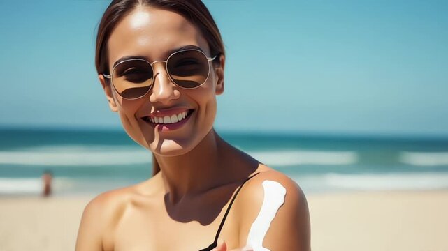 Smiling woman applying sunscreen lotion on shoulder at the beach on a sunny day