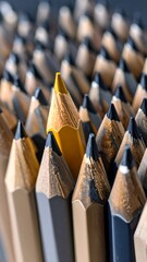 A single bright yellow pencil standing out among many darker pencils
