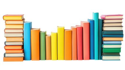Colorful books arranged in a row against a for education use on transparent background