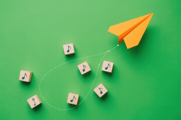 An orange paper airplane on a creative journey, following a dotted path of musical notes on wooden blocks against a minimalist green background