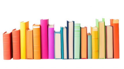Colorful collection of books standing upright against a on transparent background