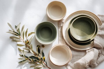 Olive-themed ceramic bowls and plates with greenery on white background