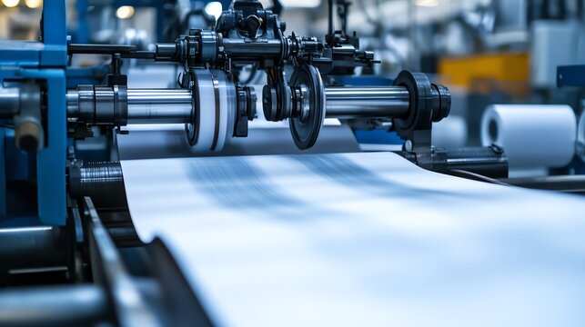 A photo-realistic view of printing press machinery efficiently producing sheets of paper in a dynamic perspective.