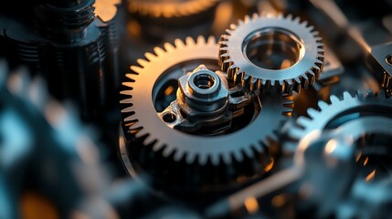 Extreme close-up of interlocking machinery gears in motion, showcasing intricate details and realistic clarity in a dynamic composition.