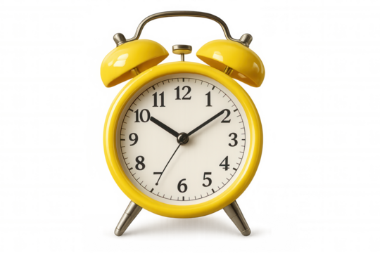 Yellow vintage style alarm clock ringing for morning wake up on transparent background, showing time management concept