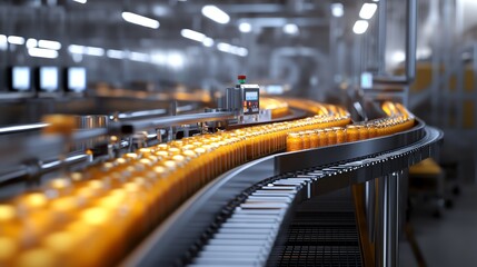High-quality image showcasing food processing machinery with conveyor belts carrying packaged goods in a well-lit factory setting.