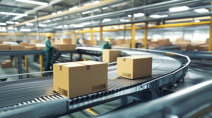 High-definition image of a factory conveyor belt system with workers monitoring the movement of boxes, showcasing industrial efficiency.