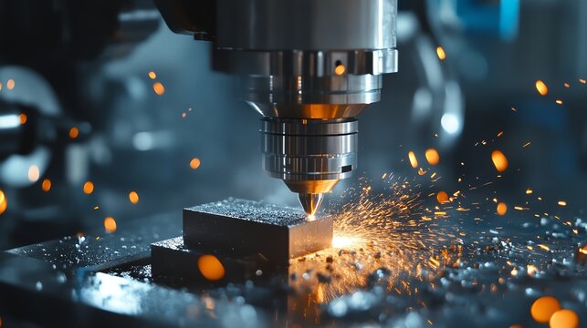 Close-up of a CNC milling machine cutting through a metal block, showcasing sparks flying with photo-realistic detail and precision.