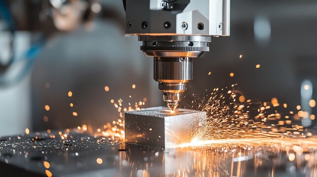 A close-up image of a CNC milling machine cutting through a metal block, showcasing sparks flying and intricate detail in the process. - Powered by Adobe