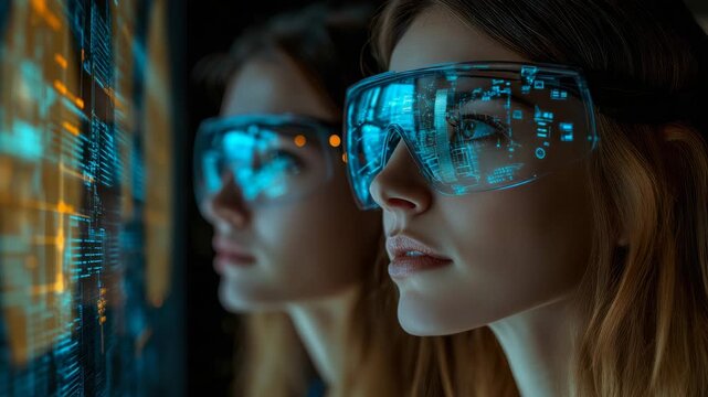 Close-up of young woman experiencing immersive digital world through cutting-edge intelligent eyewear technology