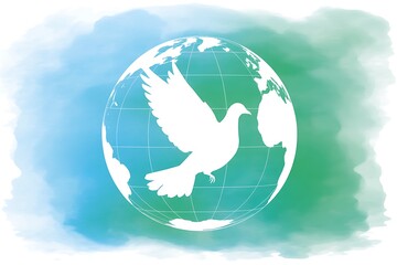 Naklejka premium Promote world peace with this elegant dove and globe design against a serene watercolor background offering hope and unity for a better future today