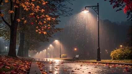 Misty, rainy autumn park path at night illuminated by warm streetlights and scattered leaves.