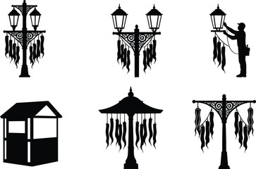 Vector illustration of ornate vintage street lamps with hanging decorations, decorative lantern posts, worker silhouette, and classic outdoor lighting designs.