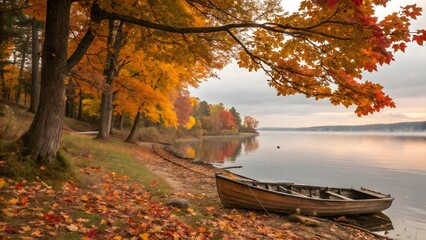 Quiet wooden rowboat resting on a leaf-covered lake shore under vibrant autumn trees.

